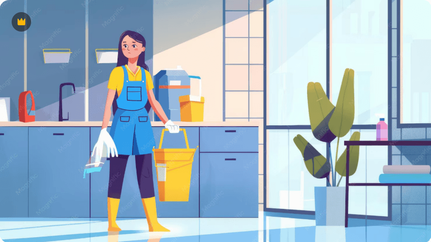 Illustrated woman carrying a cleaning bucket ready to tackle a zone in a warm procreate painted style