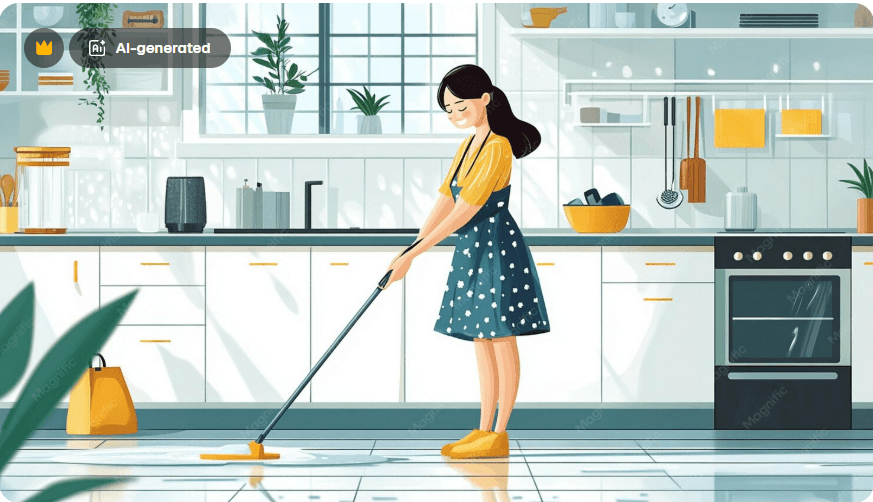 Illustrated woman mopping a bright kitchen floor in a warm procreate painted style