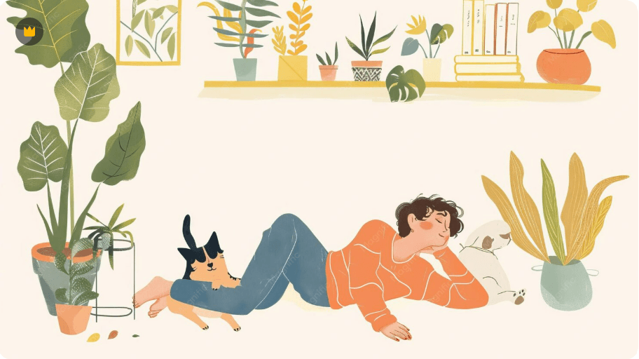Illustrated person relaxing among lush houseplants in a cozy illustrated style